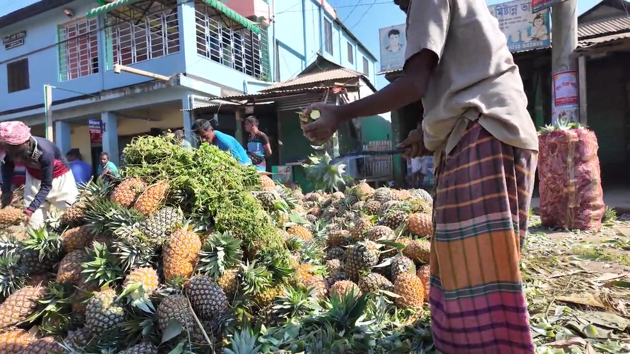 Pineapple market and farm workers handling fresh pineapple produce